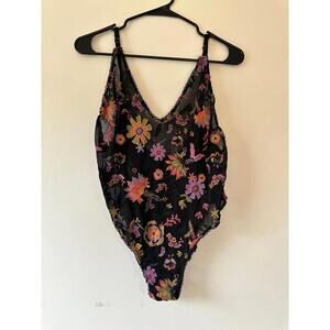 Urban Outfitters Black Bodysuit with Colorful Floral Embroidery
